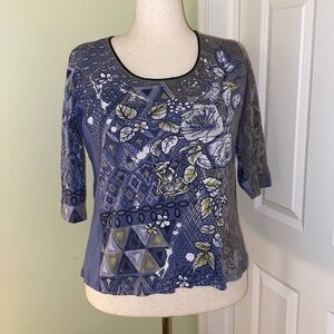 Vanilla Sugar vintage denim blue/white floral beaded print 3/4 sleeve top